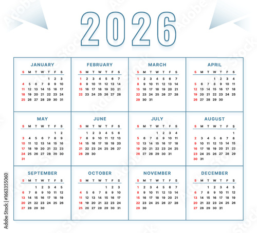 Vector 2026 Year Calendar Printable Template