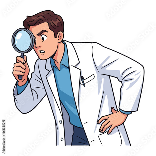 Science Discovery: A determined scientist peers intently through a magnifying glass, absorbed in his quest for answers in the pursuit of scientific understanding. 