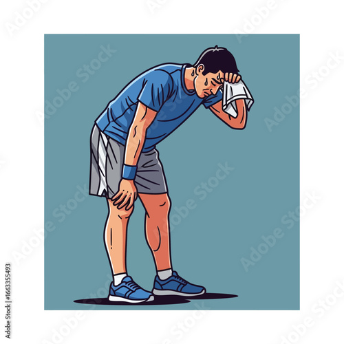 Exhaustion After Intense Exercise: A fatigued man, wiping sweat from his brow with a towel, embodies the feeling of physical exertion, set against a soft gradient backdrop