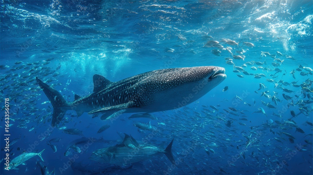 Obraz premium Whale shark gracefully swimming among schools of fish in a vibrant ocean