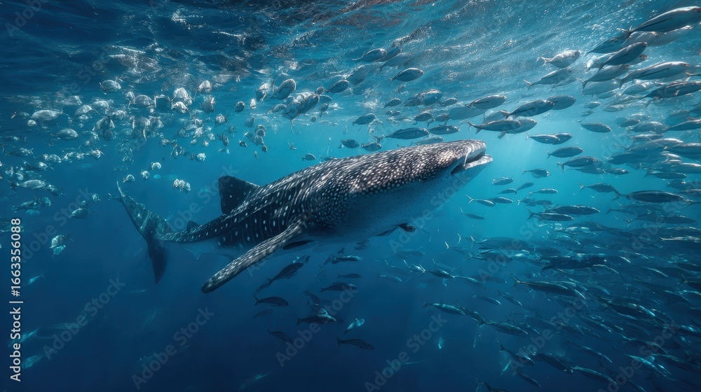 Naklejka premium Large whale shark swims among a school of fish in crystal clear ocean waters during daylight