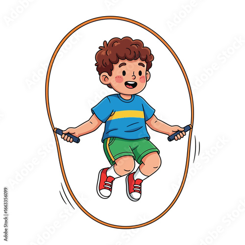 Youngster with Rope: An enthusiastic child, full of energy, gracefully leaps and plays with a jump rope, showcasing fitness and activity in an exciting illustrated image.
