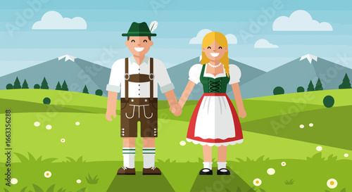 This charming flat design illustration features a happy Bavarian couple, one in lederhosen and the other in a dirndl, representing German folk tradition