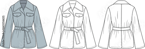 Belted Jacket – Stylish Outerwear with Long Sleeves and Flap Pockets, Front and Back Views, Technical Fashion Sketch and Garment Template CAD Drawing Flat Vector Illustration