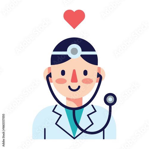 The Compassionate Doctor: A cheerful doctor, portrayed in an appealing flat design, with a stethoscope and a floating heart, embodies the essence of healthcare, kindness, and medical professionalism.