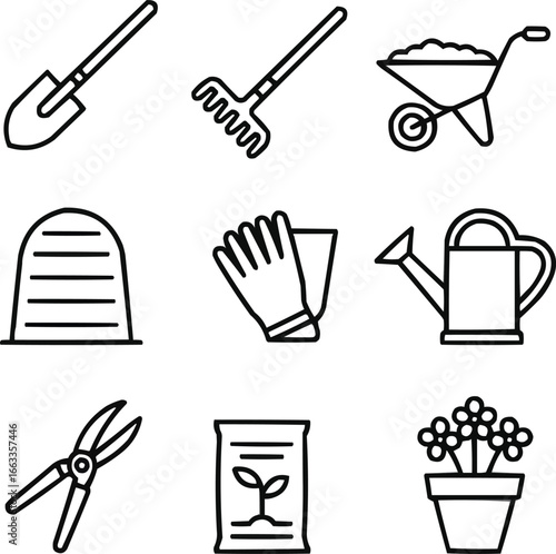Gardening Tools Outline Icons Set  Shovel, Rake, Wheelbarrow, and Compost Bin