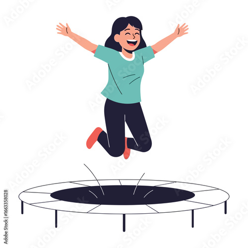Jumping for joy on a trampoline: A joyful woman leaps with glee on a trampoline, capturing the energy of fun and laughter in this vibrant illustration.