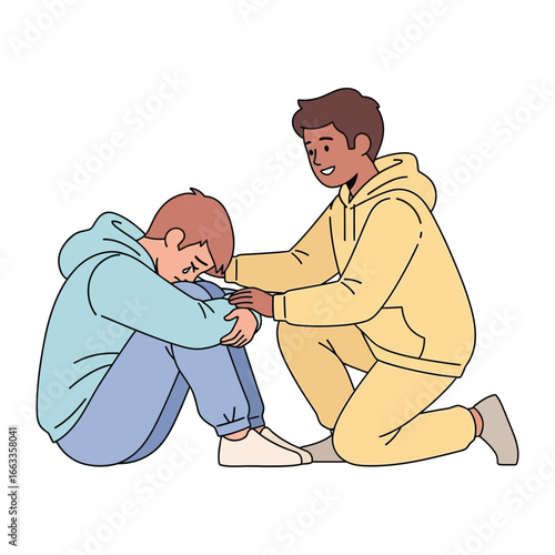 Valokuva Supportive Comfort: Compassionate figure offers solace to a friend in distress, symbolizing empathy, understanding, and the healing power of human connection