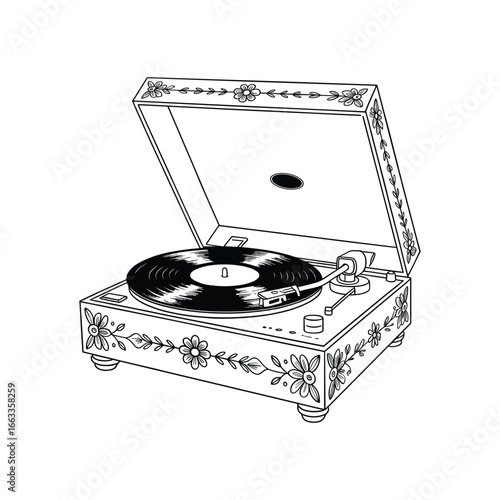 Vintage record player with spinning vinyl disc black and white line art for retro music lovers white background