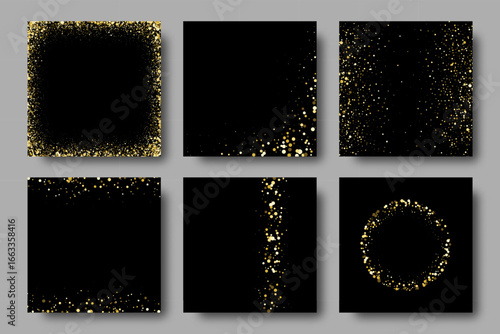 Set of black backgrounds with golden glitter frames