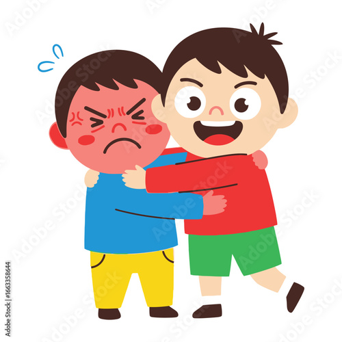 Illustration of Empathy and Friendship: A vibrant illustration captures the essence of friendship as one child offers a comforting embrace to another, symbolizing compassion and support.