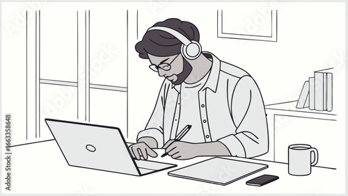 Bearded Man in Headphones Working on Laptop and Taking Notes.