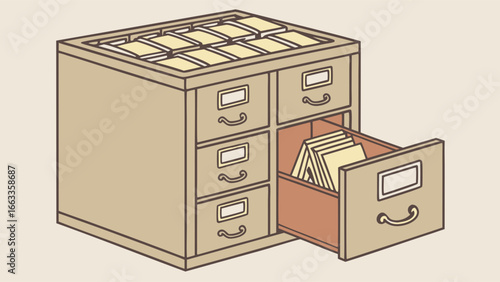 Beige Filing Cabinet with Open Drawer and Documents.