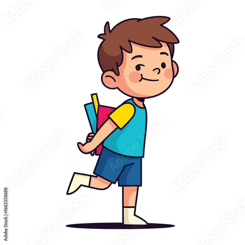 Playful Pupil: An illustration of a smiling young boy walking with books concealed behind his back, perfect for educational or childlike content. 