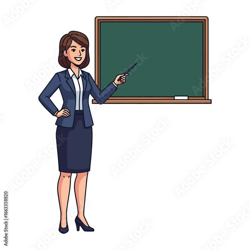 Educator at the Blackboard: A professional female teacher stands confidently, pointing with a pointer at the chalkboard, embodying knowledge, instruction, and education.