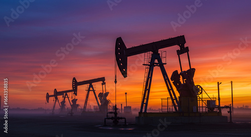 Silhouette of oil pumps working diligently against a vibrant, colorful sunset, extracting resources from the earth, showcasing energy production.