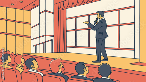 Businessman giving a presentation on stage to an audience.
