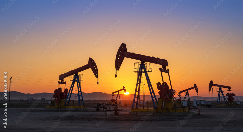 Silhouette of several oil pumps working diligently against a vibrant sunset, extracting resources from the earth, providing energy. Silhouette of several oil pumps working diligently against a vibrant sunset, extracting resources from the earth, providing energy.