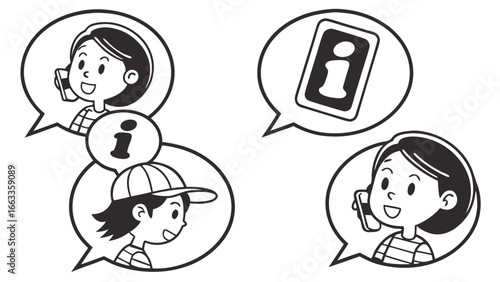 Cartoon Children Sharing Information via Phone and Speech Bubbles.