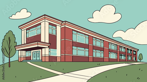 Cartoon Illustration of a Large School Building.