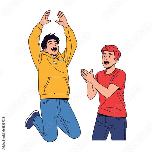 Pure Joy and Excitement: A vibrant illustration capturing the essence of friendship and shared joy as one individual leaps with happiness, while another applauds in enthusiastic support.