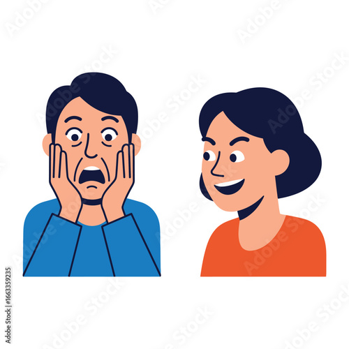 Unexpected reactions: A man is caught off guard, his face contorted in shock as a woman observes him with a smirk and a hint of amusement, suggesting a playful dynamic of surprise.