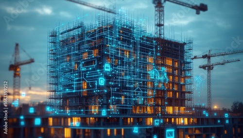 Fototapeta Naklejka Na Ścianę i Meble -  A futuristic building under construction, overlaid with glowing digital blueprints, illuminated by cranes and city lights