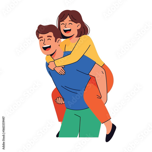 Joyful Piggyback Ride: A graphic portrayal of two individuals radiating infectious laughter as one carries the other piggyback, celebrating the carefree essence of happiness. 