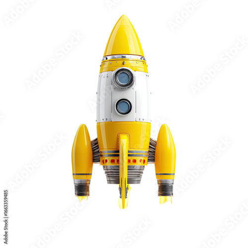 A bright yellow rocket ship, pointed upwards