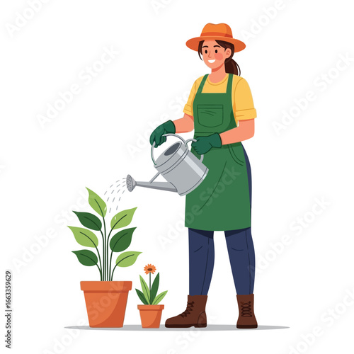 Blooming Garden: A dedicated gardener nurtures a blossoming garden, providing essential hydration with a gentle stream of water, cultivating life and growth.