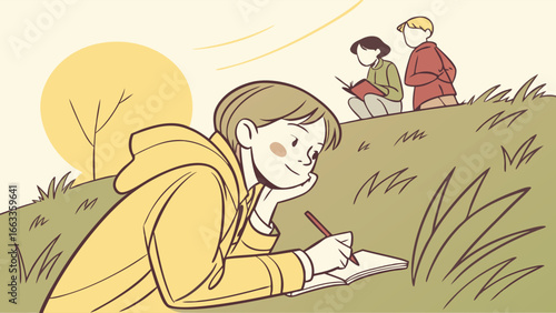 Child Writing in Nature with Friends.