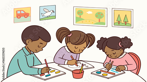 Children Engaged in Creative Art Activity at a Table.
