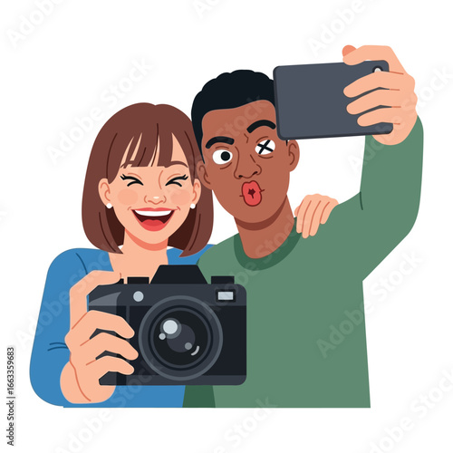 Sharing a Selfie: Two friends capture a lighthearted moment of togetherness and laughter with a smartphone, personifying the modern art of self-portrait photography, with a DSLR camera in hand