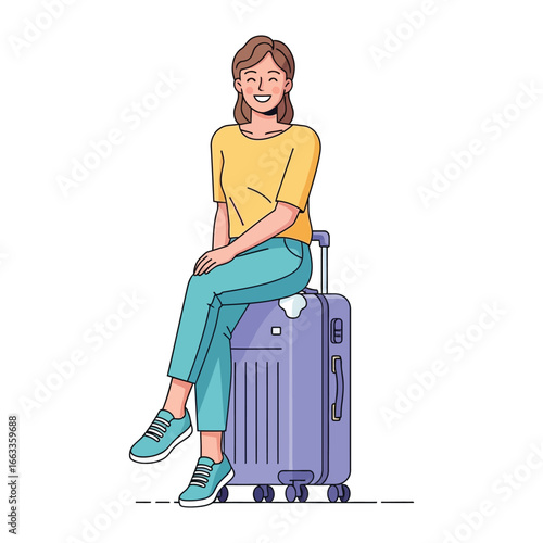 Travel Ready: A cheerful traveler sits atop her luggage, embodying the excitement and anticipation of a journey, showcasing the vibrancy and zest of adventure.