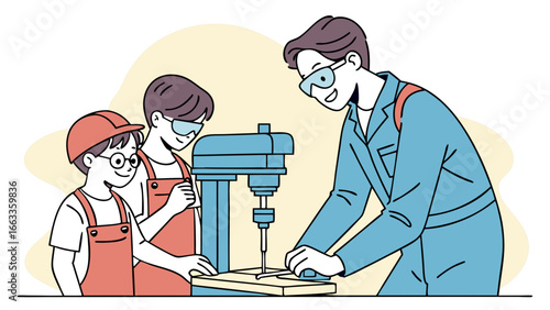 Children Learning to Operate a Drill Press with a Teacher.