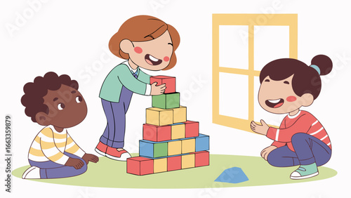 Children Playing with Colorful Building Blocks.