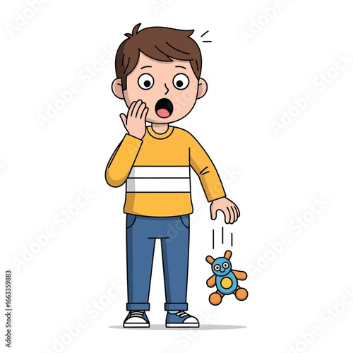 Oh no, Teddy's Falling! A child in a yellow shirt looks on in wide-eyed horror as his beloved teddy bear plummets downwards. Capturing a moment of surprise, fear.