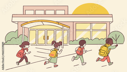 Children Running Towards School Building with Backpacks.
