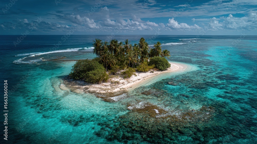 Fototapeta premium Tropical island with palm trees surrounded by clear turquoise water and coral reefs