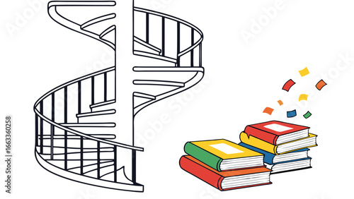 Colorful Books Stacked with Spiral Staircase Illustration.