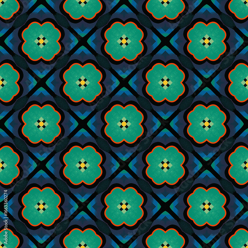 Versatile asset for print and web projects, Stylish and elegant geometric pattern with a seamless abstract floral design, Eye-catching color combination of green, orange, and deep blue, 3600x3600 px 
