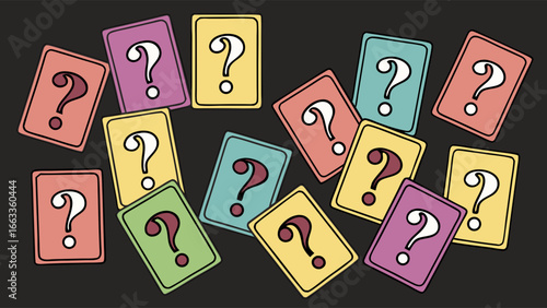 Colorful Question Mark Cards Scattered on Dark Background Uncertainty Concept.