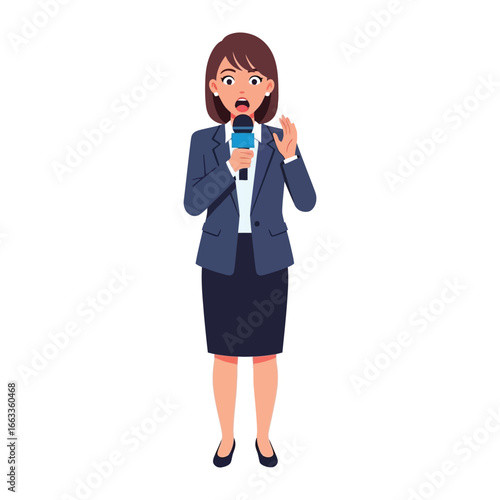 Breaking News Revelation: A woman journalist, microphone in hand, delivers a moment of significant news, captured in vibrant graphic detailing and design.