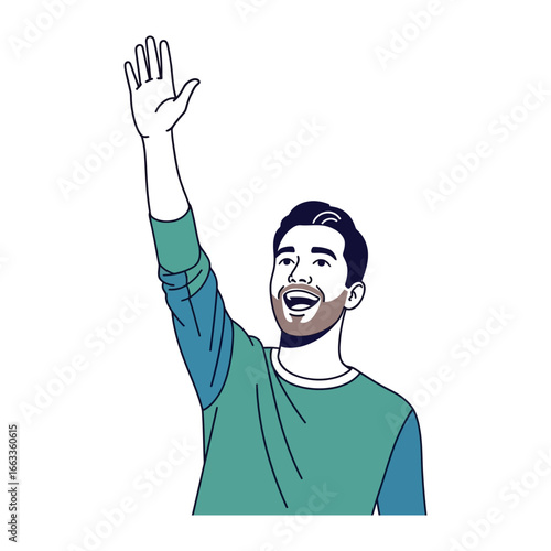 Friendly Gesture: A smiling figure, depicted in an outline-style illustration, extends a welcoming hand, inviting connection with an open and approachable demeanor.