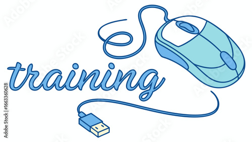 Computer Mouse and Training Text Illustration in Blue.