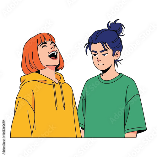 Diverse Emotions: An illustration of two people, one laughing heartily with a cheerful expression, while the other wears a look of annoyance or mild frustration.