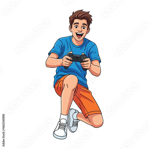 Joyful Gamer in Action: A young gamer is completely immersed in the game, capturing the essence of excitement and engagement as he interacts with his console controller.