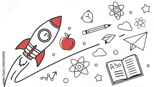 DoodleStyle Education and Learning Elements with Rocket Ship and Book.