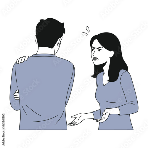 Conflict Dialogue: A depiction of intense disagreement, a man and a woman locked in an animated, stylized conversation, embodying themes of discord and relationship friction.