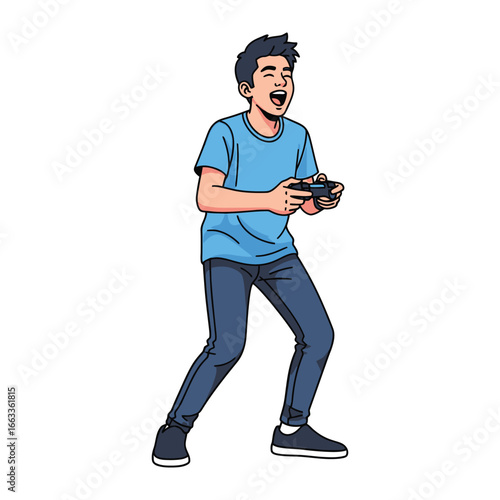 Joyful Gamer: An illustration captures the intense focus and elation of a gamer completely immersed in their video game, holding the controller with focus and displaying pure joy and excitement.